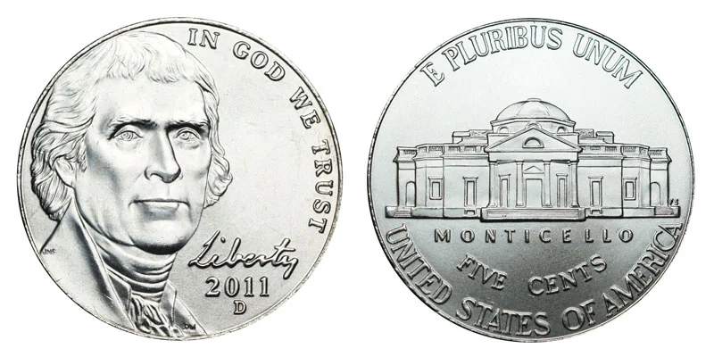 Side-by-side comparison of a 2011 nickel without Full Steps versus a 2011 nickel with clear Full Steps designation on Monticello