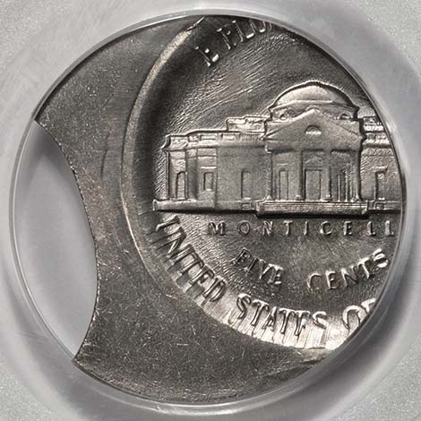 2011 Jefferson nickel off-center strike error showing design shifted significantly from center with blank planchet crescent