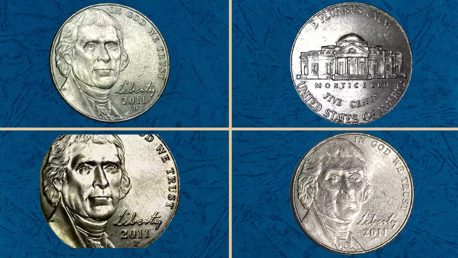 Group of 2011 Jefferson nickels from Philadelphia and Denver mints showing various conditions from circulated to uncirculated