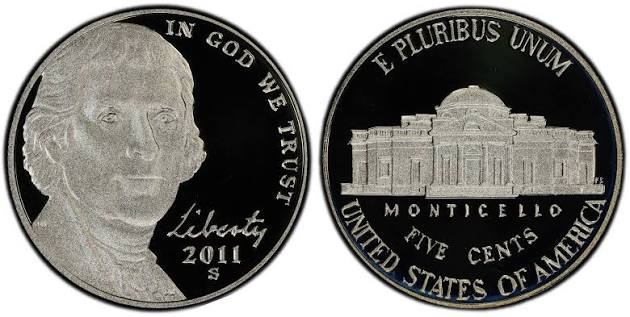 2011 Jefferson nickel grading strip showing four condition tiers from worn to gem uncirculated side by side for comparison